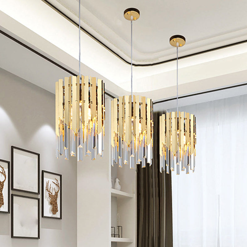 Cylindrical Ceiling Lamp Minimalist Crystal Prisms 1 Light Restaurant Suspension Pendant in Gold