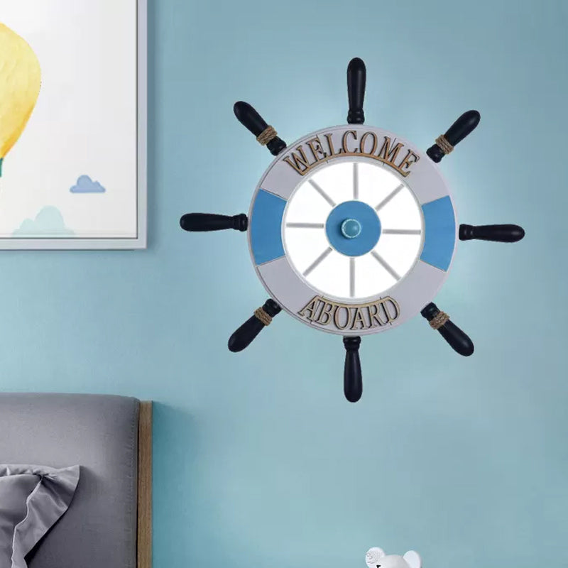 Acrylic Round Flush Wall Sconce Creative LED Wall Mounted Lamp with Wood Rudder Design in Blue, Warm/White Light