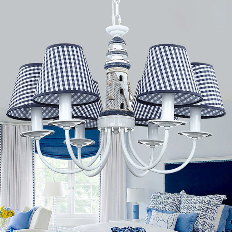 Blue Conic Ceiling Suspension Lamp Modernist 6 Bulbs Fabric Hanging Chandelier with Lighthouse Column Design