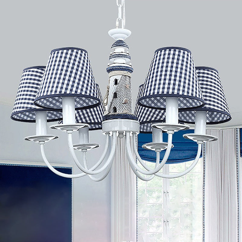 Blue Conic Ceiling Suspension Lamp Modernist 6 Bulbs Fabric Hanging Chandelier with Lighthouse Column Design