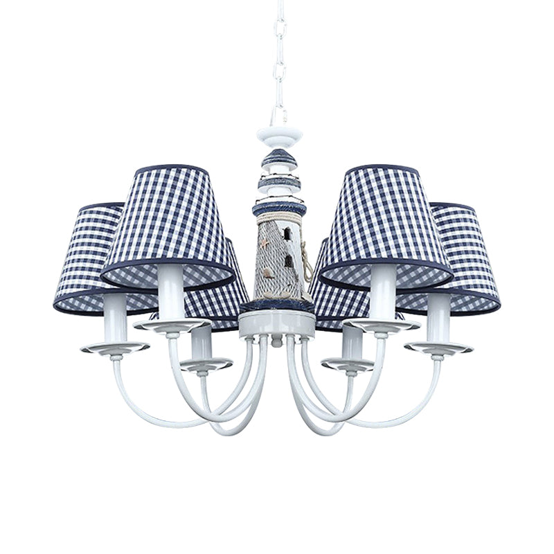 Blue Conic Ceiling Suspension Lamp Modernist 6 Bulbs Fabric Hanging Chandelier with Lighthouse Column Design