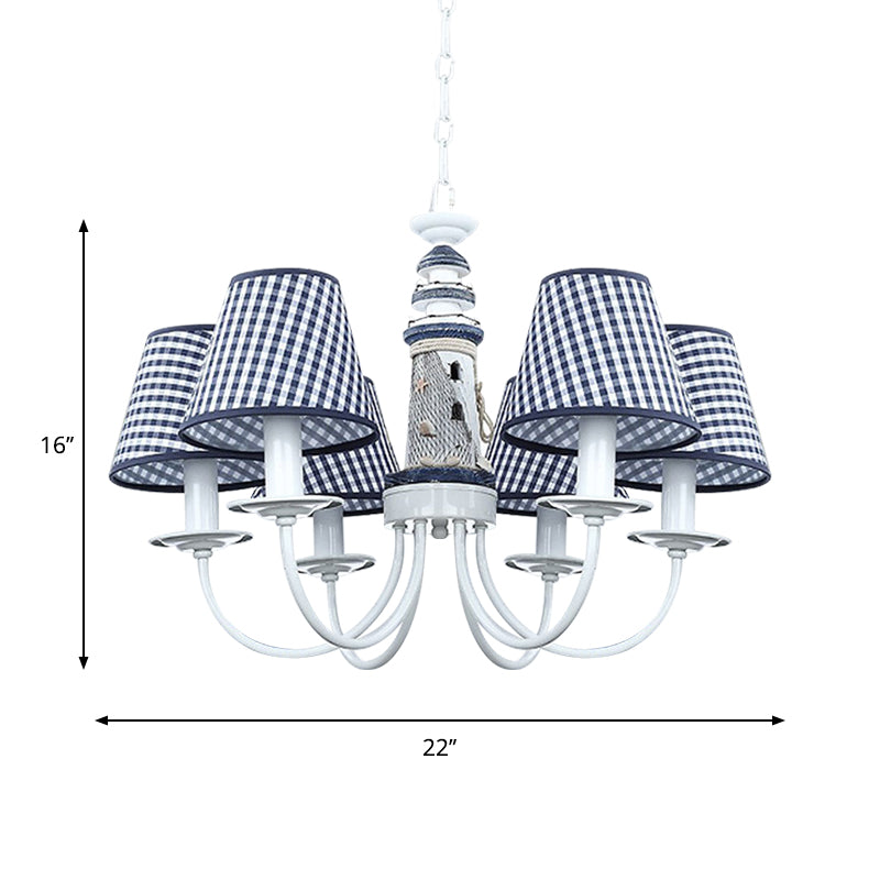 Blue Conic Ceiling Suspension Lamp Modernist 6 Bulbs Fabric Hanging Chandelier with Lighthouse Column Design