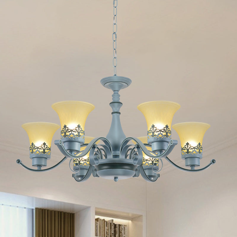 Nordic Flared Chandelier Lighting Amber Glass 6-Light Living Room Hanging Ceiling Lamp with Curvy Arm in Blue