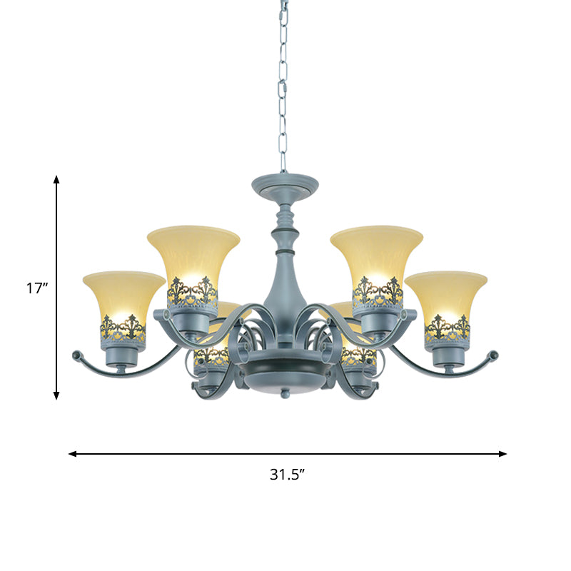 Nordic Flared Chandelier Lighting Amber Glass 6-Light Living Room Hanging Ceiling Lamp with Curvy Arm in Blue