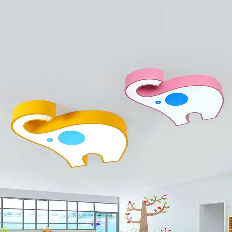 Elephant Kindergarten Flush Mount Lamp Acrylic LED Children Flush Ceiling Light Fixture in Pink/Yellow