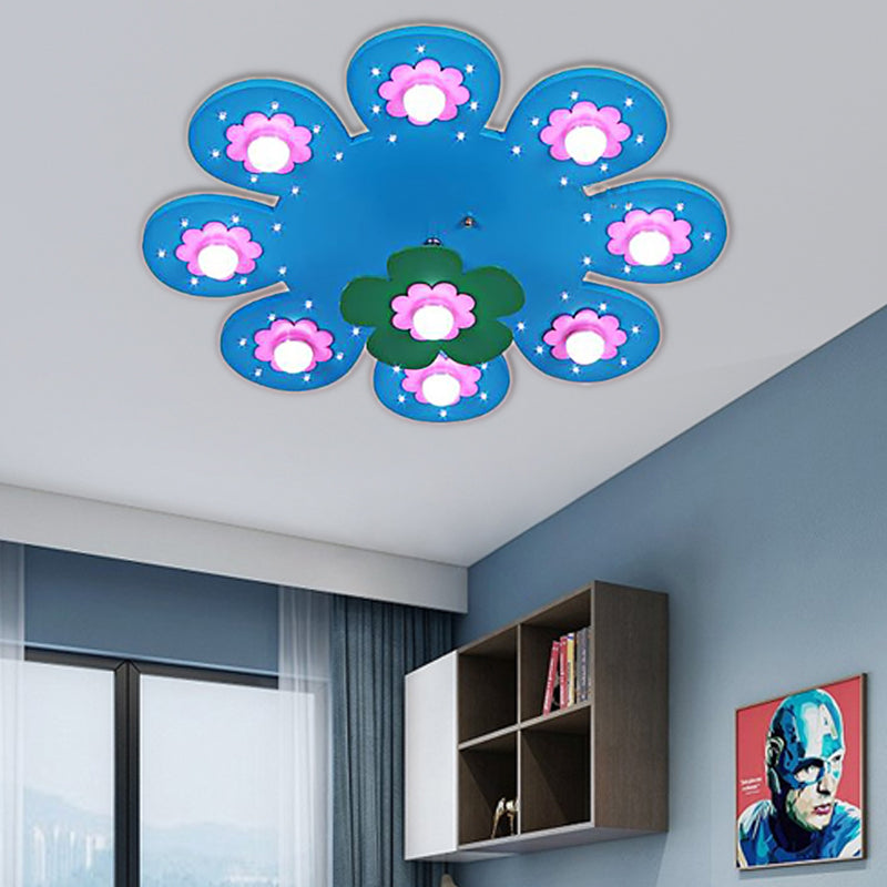 9 Lights Flower Flush Ceiling Light Kids Wood Ceiling Lamp for Nursing Room Girl Bedroom