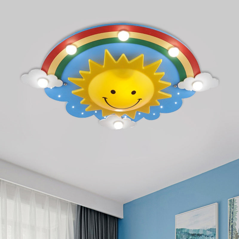Holz-Regenbogen- und Sonnen-Deckenleuchte im Cartoon-Stil, 6 Köpfe, gelbe Deckenleuchte