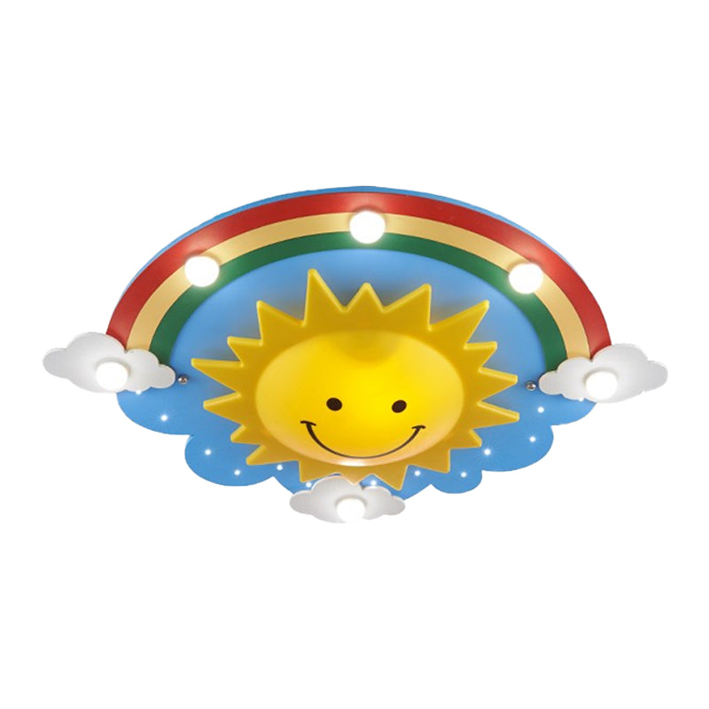 Holz-Regenbogen- und Sonnen-Deckenleuchte im Cartoon-Stil, 6 Köpfe, gelbe Deckenleuchte