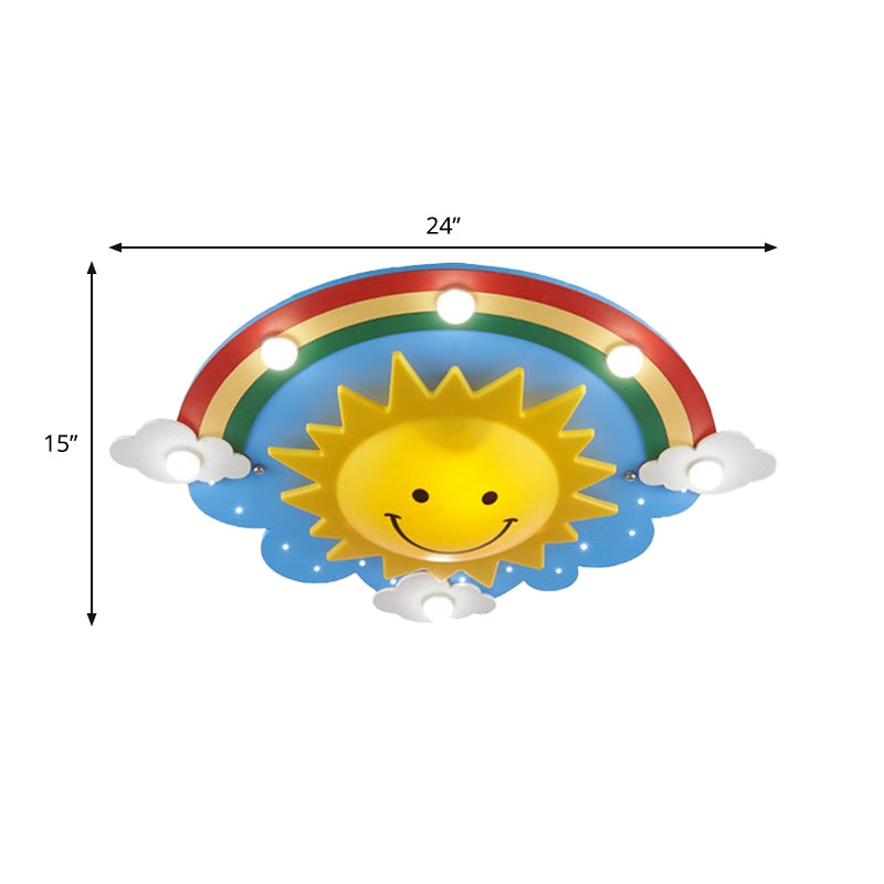 Holz-Regenbogen- und Sonnen-Deckenleuchte im Cartoon-Stil, 6 Köpfe, gelbe Deckenleuchte