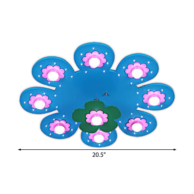 9 Lights Flower Flush Ceiling Light Kids Wood Ceiling Lamp for Nursing Room Girl Bedroom