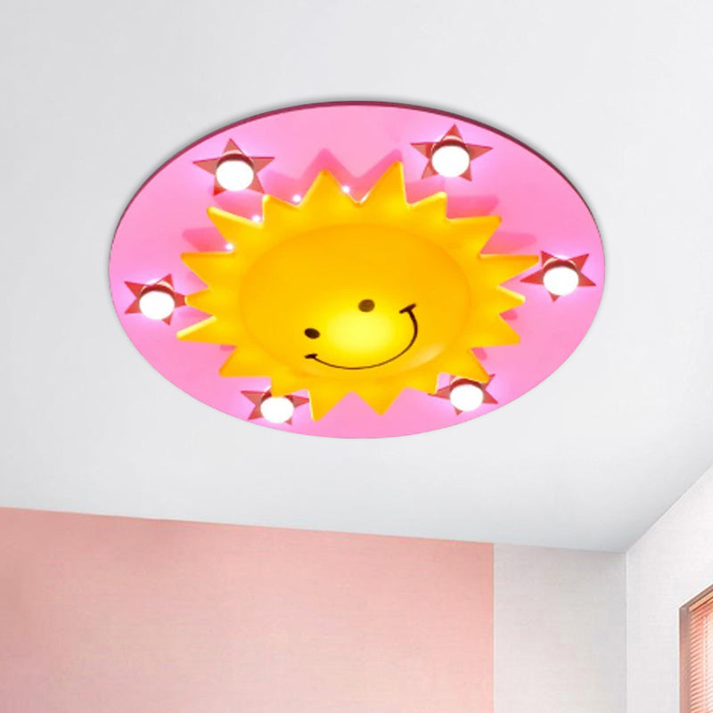 Blue/Pink Sun Flush Mount Light Simple 6-Bulb Wood Close to Ceiling Lamp for Children Room