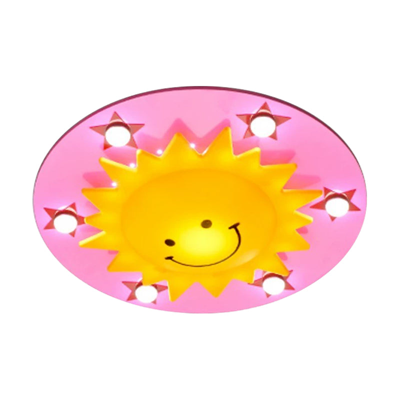 Blue/Pink Sun Flush Mount Light Simple 6-Bulb Wood Close to Ceiling Lamp for Children Room