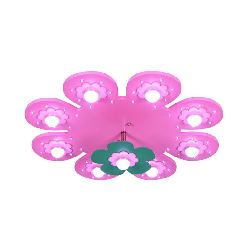 9 Lights Flower Flush Ceiling Light Kids Wood Ceiling Lamp for Nursing Room Girl Bedroom