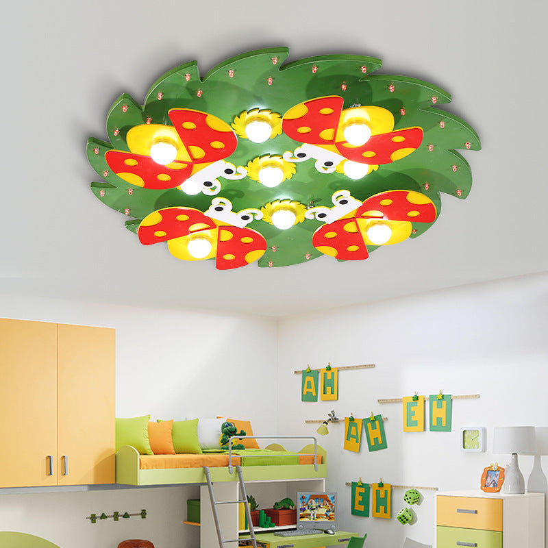 Wood Tree Ceiling Light with Ladybug Deco Modern Cartoon Flush Mount Light for Kid Bedroom