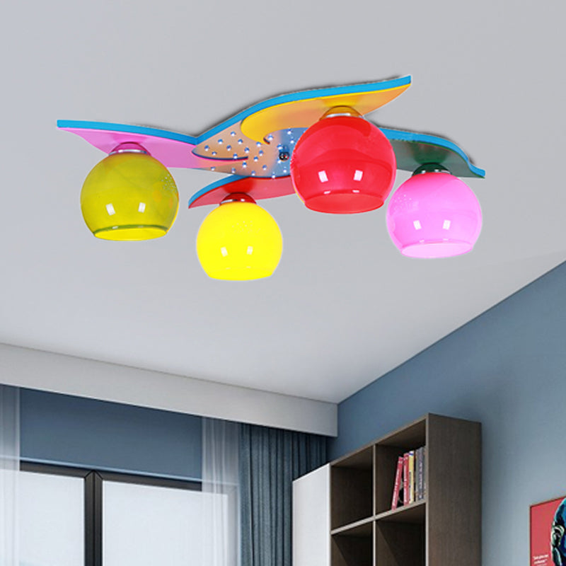 Girl Bedroom Toy Windmill Ceiling Light with Orb Shade Wood 4 Lights Cartoon Kid Ceiling Mount Light
