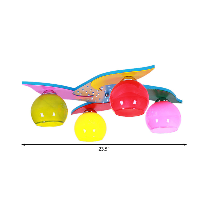 Girl Bedroom Toy Windmill Ceiling Light with Orb Shade Wood 4 Lights Cartoon Kid Ceiling Mount Light