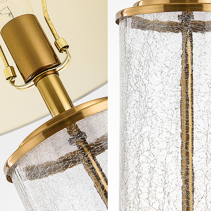 Lámpara de mesa de noche redonda blanca tela clásica de 1 linda luz de la parada de noche con base de cilindro de vidrio crujido transparente