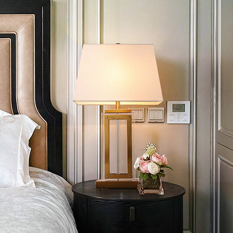 1-Light Trapezoid Table Lighting Minimalist White Fabric Nightstand Lamp with Gold Pedestal