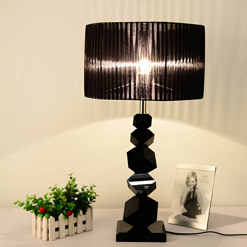 Lámpara de la noche de tambor negro tela clásica 1 cabezal luz de mesa con diseño de roca cristalina