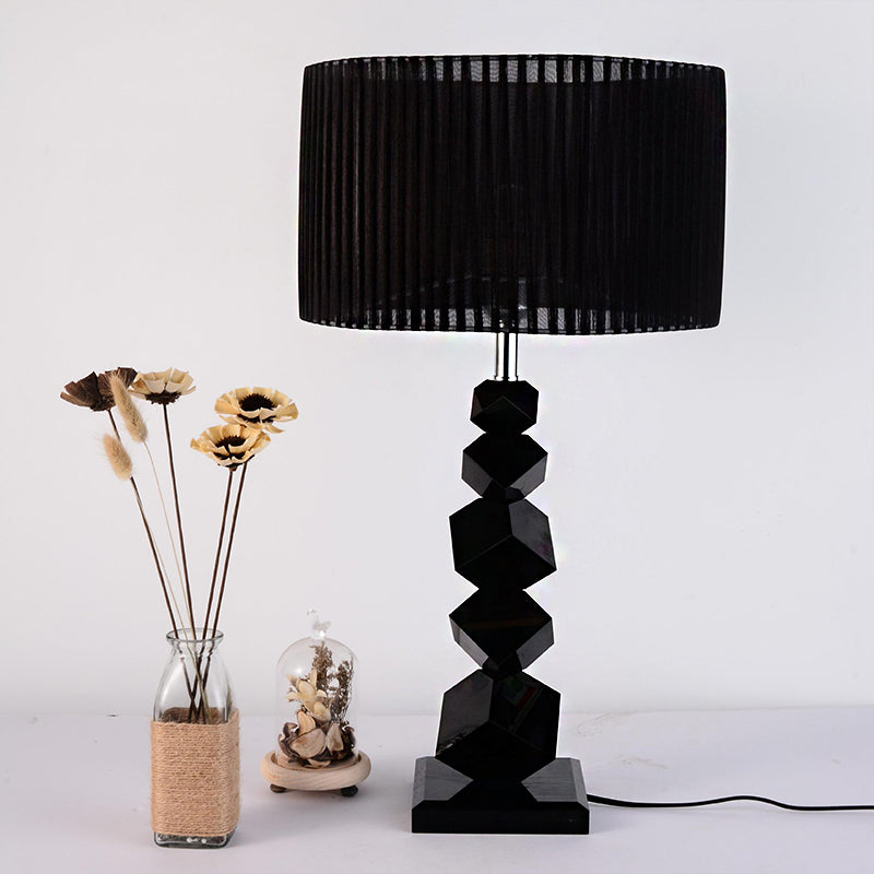 Lámpara de la noche de tambor negro tela clásica 1 cabezal luz de mesa con diseño de roca cristalina