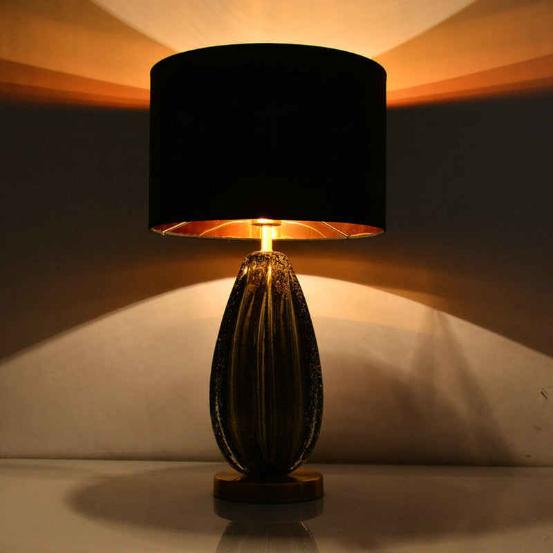 Ideas de lámpara de mesa de melón de 1 luces iluminación nocturna de vidrio de burbujas verdes a mano con oro/negro/tela de lino