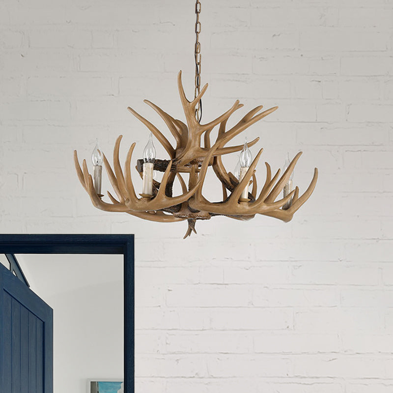 Antler Living Room Hanging Lamp Traditional Resin 4/6 Bulbs Brown Adjustable Chandelier Pendant Light
