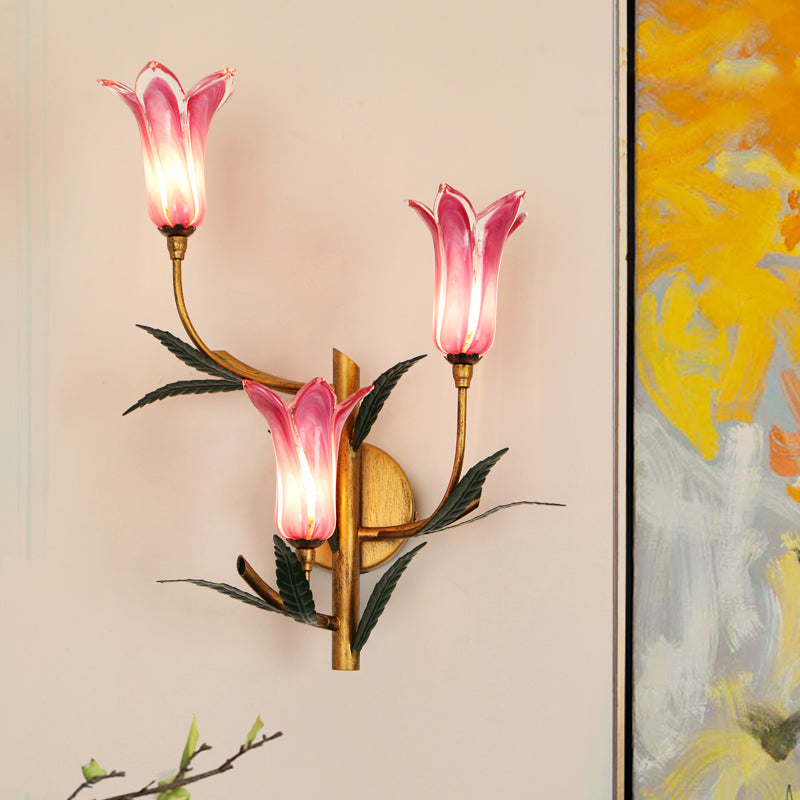 3-Light Wall Lighting Retro Stylish Gradient Pink/Red Glass Tulip Sconce Ideas for Living Room