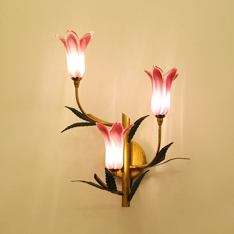 3-Light Wall Lighting Retro Stylish Gradient Pink/Red Glass Tulip Sconce Ideas for Living Room