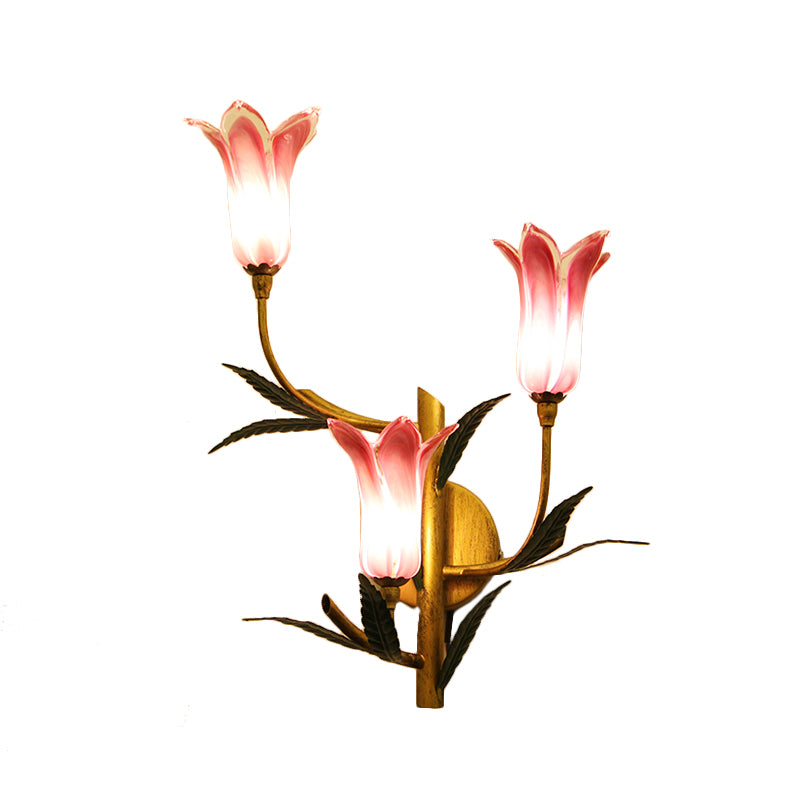 3-Light Wall Lighting Retro Stylish Gradient Pink/Red Glass Tulip Sconce Ideas for Living Room