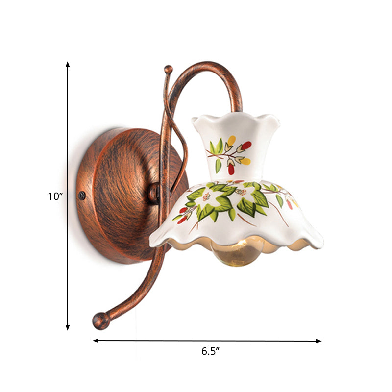 Farmhouse Smashhouse Smashoped Sconce 1 Bulb Flower Flowned Ceramic Wall Lamp a parete in bianco con braccio di guancia di rame meteorologico, sinistra/destra