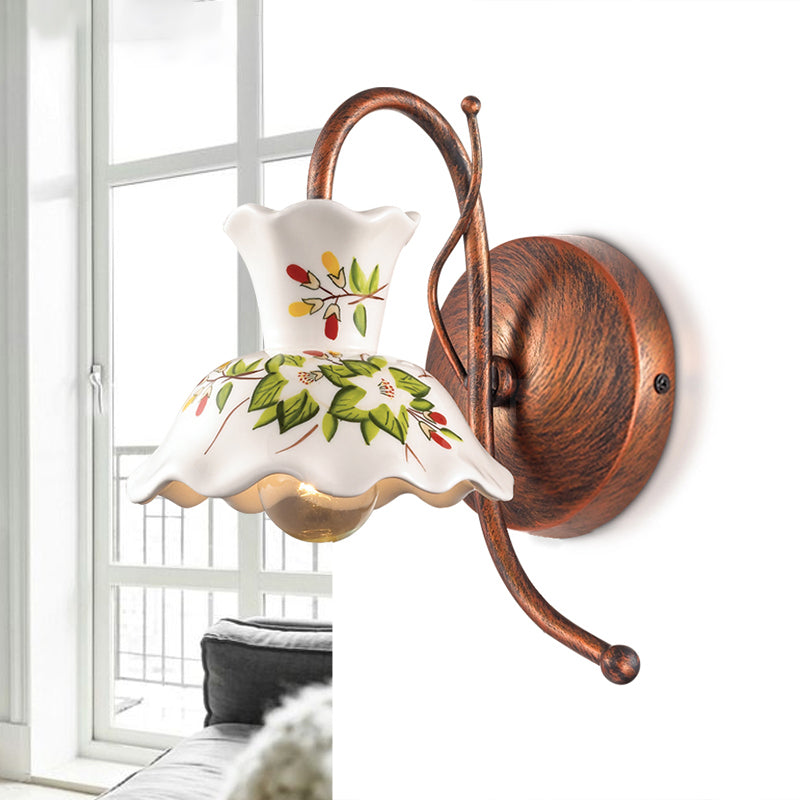Farmhouse Smashhouse Smashoped Sconce 1 Bulb Flower Flowned Ceramic Wall Lamp a parete in bianco con braccio di guancia di rame meteorologico, sinistra/destra