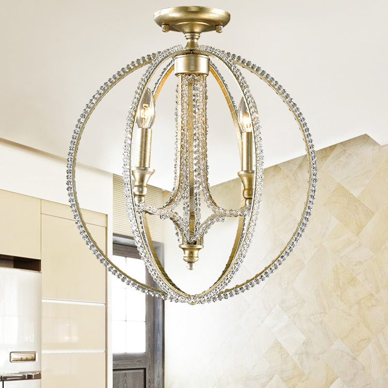Crystal Gold Finish Semi Flush Lighting Globe 3 Heads Traditional Close to Ceiling Lamp for Living Room