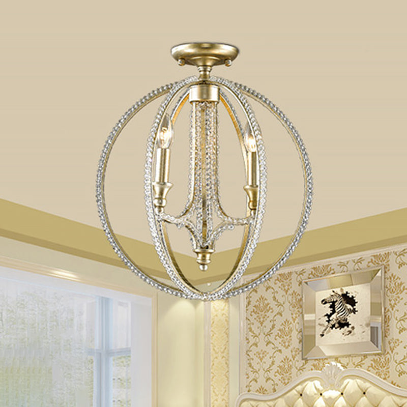 Crystal Gold Finish Semi Flush Lighting Globe 3 Heads Traditional Close to Ceiling Lamp for Living Room