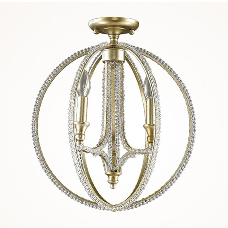 Crystal Gold Finish Semi Flush Lighting Globe 3 Heads Traditional Close to Ceiling Lamp for Living Room