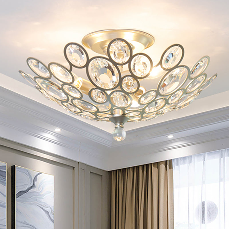 3-Bulb Clear Faceted Crystal Flushmount Retro Silver/Gold Bubble Ring Kitchen Semi Flush Chandelier Lighting