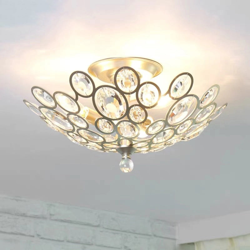 3-Bulb Clear Faceted Crystal Flushmount Retro Silver/Gold Bubble Ring Kitchen Semi Flush Chandelier Lighting