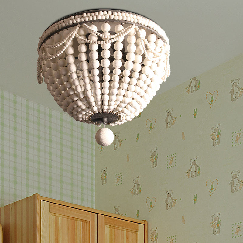 Wood Beaded Dome Flushmount Rustic 3 Bulbs Dining Table Ceiling Mount Chandelier in Pink/White/Blue