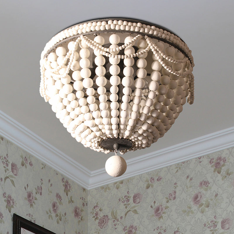 Wood Beaded Dome Flushmount Rustic 3 Bulbs Dining Table Ceiling Mount Chandelier in Pink/White/Blue