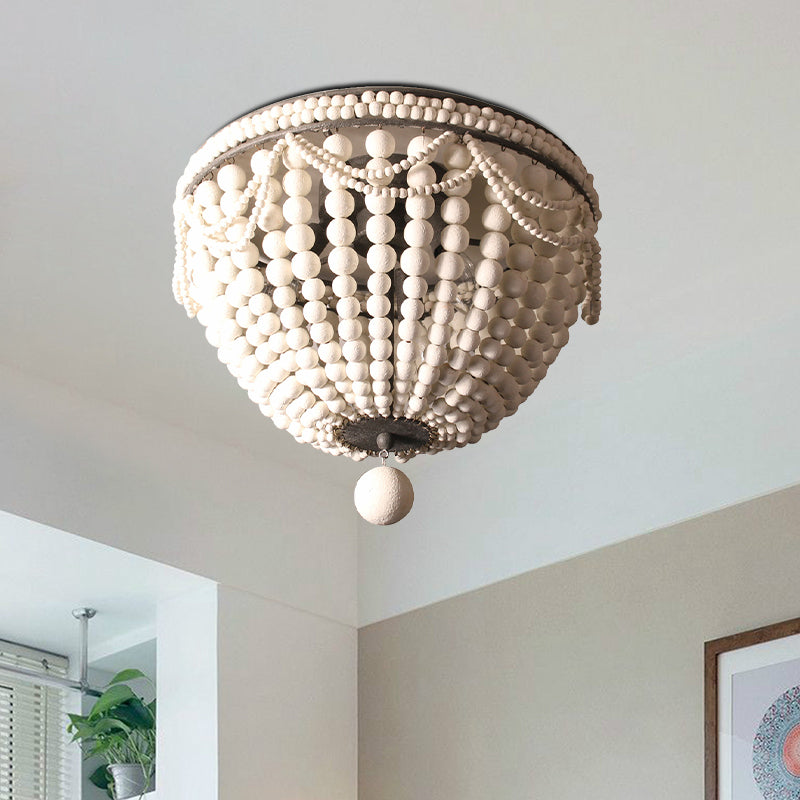 Wood Beaded Dome Flushmount Rustic 3 Bulbs Dining Table Ceiling Mount Chandelier in Pink/White/Blue