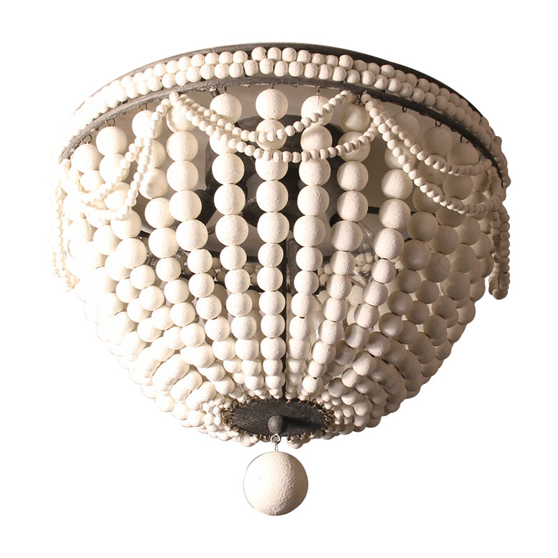 Wood Beaded Dome Flushmount Rustic 3 Bulbs Dining Table Ceiling Mount Chandelier in Pink/White/Blue