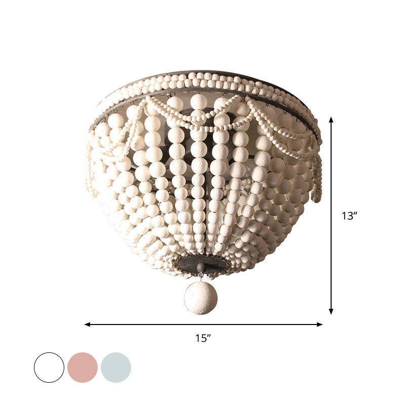 Wood Beaded Dome Flushmount Rustic 3 Bulbs Dining Table Ceiling Mount Chandelier in Pink/White/Blue