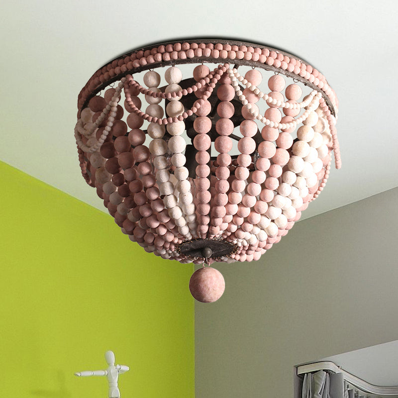 Wood Beaded Dome Flushmount Rustic 3 Bulbs Dining Table Ceiling Mount Chandelier in Pink/White/Blue