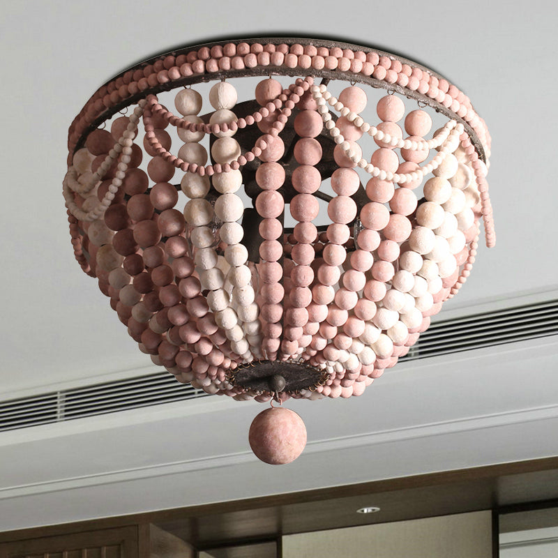 Wood Beaded Dome Flushmount Rustic 3 Bulbs Dining Table Ceiling Mount Chandelier in Pink/White/Blue