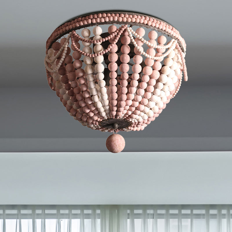 Wood Beaded Dome Flushmount Rustic 3 Bulbs Dining Table Ceiling Mount Chandelier in Pink/White/Blue