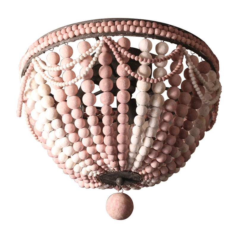 Wood Beaded Dome Flushmount Rustic 3 Bulbs Dining Table Ceiling Mount Chandelier in Pink/White/Blue