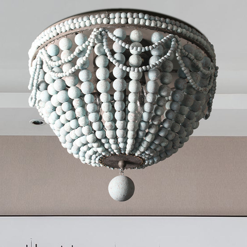 Wood Beaded Dome Flushmount Rustic 3 Bulbs Dining Table Ceiling Mount Chandelier in Pink/White/Blue
