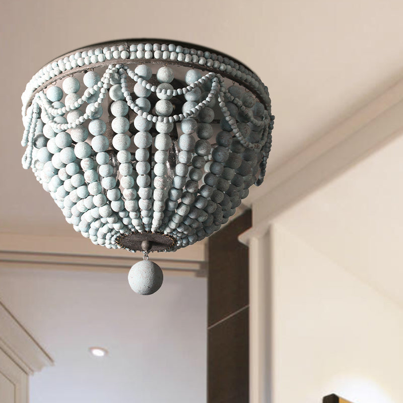 Wood Beaded Dome Flushmount Rustic 3 Bulbs Dining Table Ceiling Mount Chandelier in Pink/White/Blue