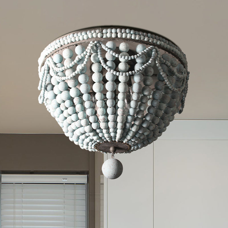 Wood Beaded Dome Flushmount Rustic 3 Bulbs Dining Table Ceiling Mount Chandelier in Pink/White/Blue