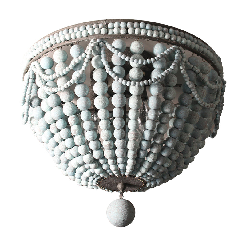 Wood Beaded Dome Flushmount Rustic 3 Bulbs Dining Table Ceiling Mount Chandelier in Pink/White/Blue