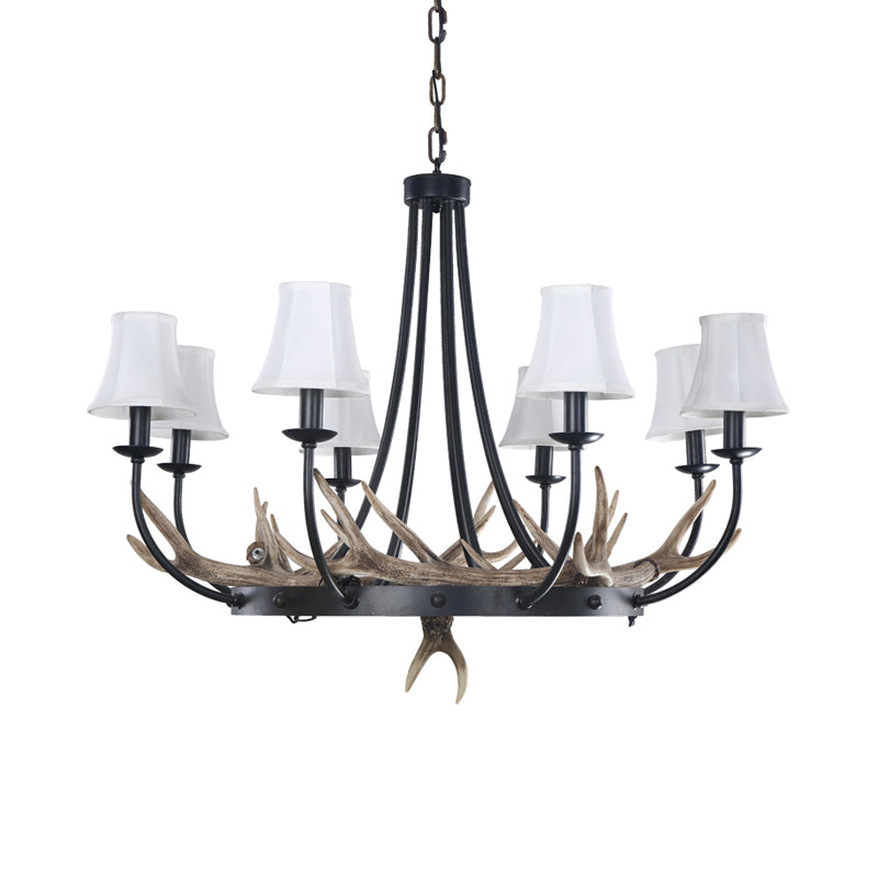 Bend Arm Metallic Hanging Chandelier Countryside 8-Bulb Kitchen Suspension Lamp in Black with Cone White Fabric Shade